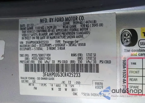 2012 Ford Fusion Sel from USA, damaged, VIN 3FAHP0JG3CR425233